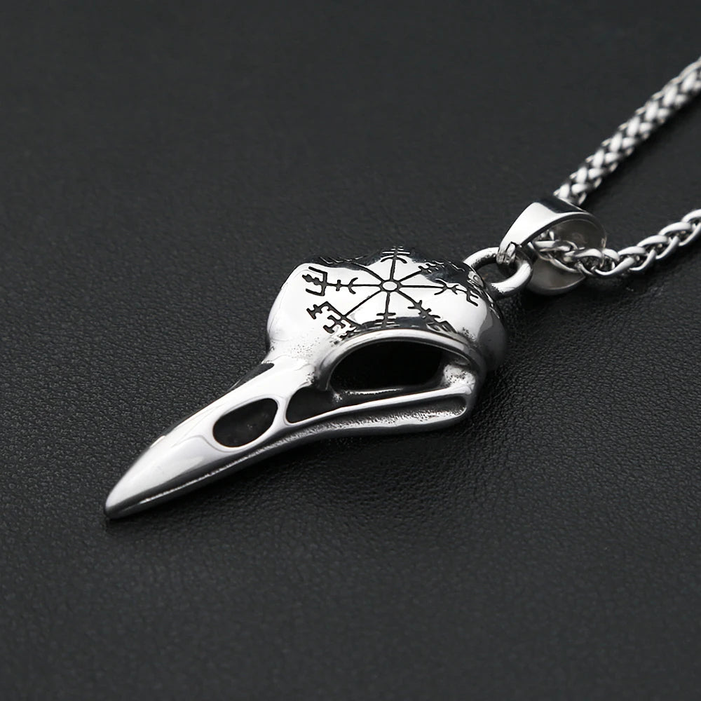 Fashion Vikings Compass Raven Head Pendant Necklace For Men Stainless Steel Nordic Animal Skull Necklaces Jewelry