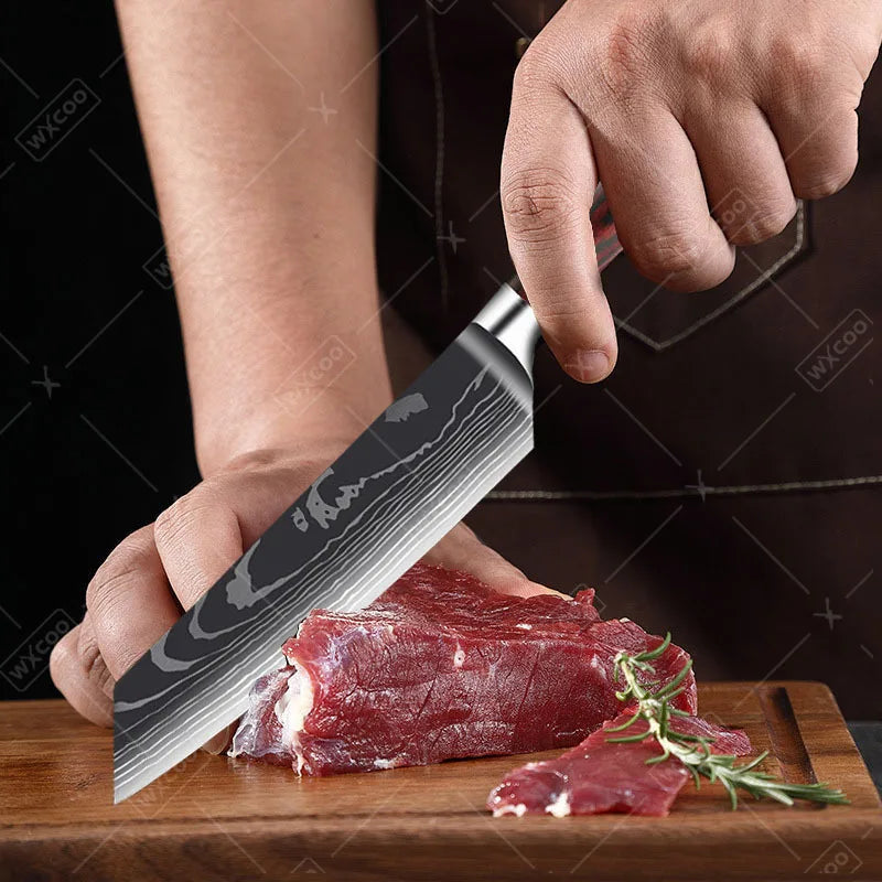 Stainless Steel Kitchen Knife Utility Knife With Painted Wood Handle 1pc Kitchen Meat Cleaver Damascus Pattern Cutting Knife