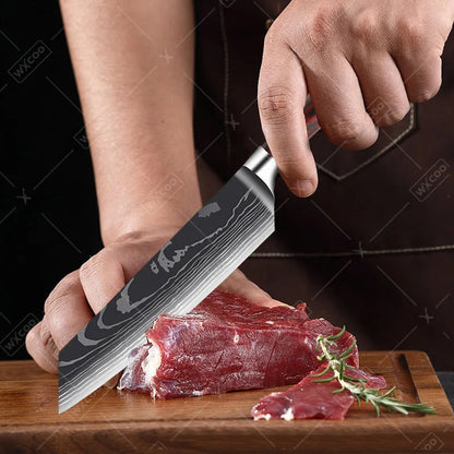 Stainless Steel Kitchen Knife Utility Knife With Painted Wood Handle 1pc Kitchen Meat Cleaver Damascus Pattern Cutting Knife