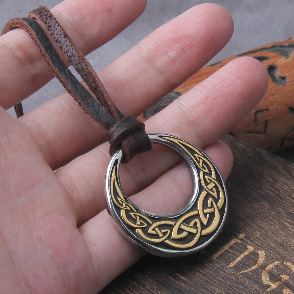 Never Fade Celtic Knot Round Pendant Necklace have adjustable leather cord chain with vikings wooden box as gift