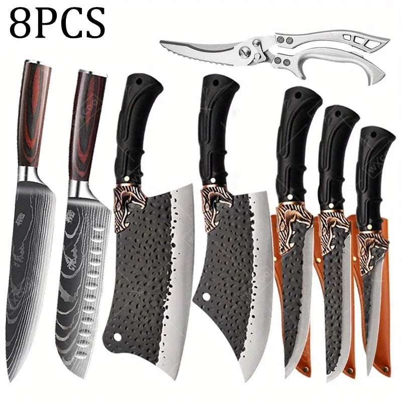 8PCS Professional Kitchen Chef Knife Set Forged Stainless Steel Utility Boning Vegetable Fish Cutting Butcher Scissor for Meat