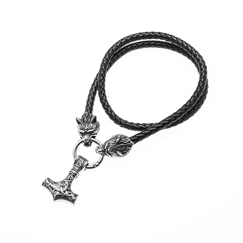 Nordic Necklace Double Wolf Head Thor's Hammer Pendant Stainless Steel