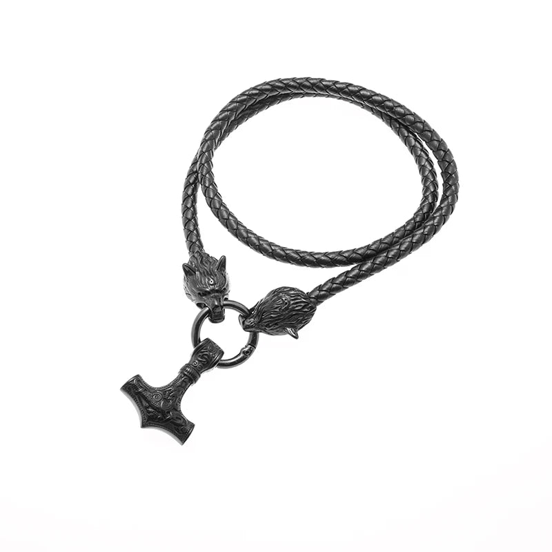 Nordic Necklace Double Wolf Head Thor's Hammer Pendant Stainless Steel