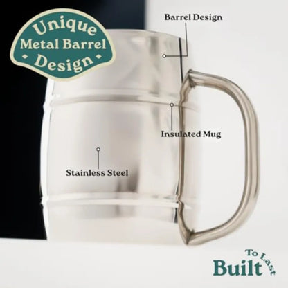 Beer Mugs Viking Cup for Beer Enthusiasts 34 oz Stainless Steel Mug with Handle Unique Barrel Stein for Men Ideal Coffee Tumble