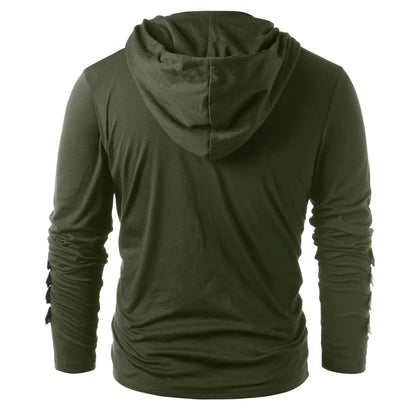 Leather Patchwork Drawstring Hooded Men's Tees Tops Long Sleeve V Neck Lace Up Blouses Vintage Medieval Plus Size Loose Clothing