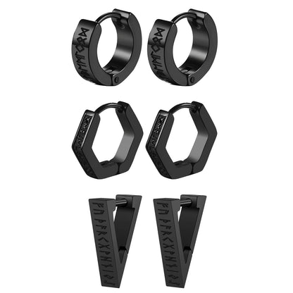 BONISKISS Men's Viking Rune Embrace Earrings Stainless Steel Three Pair Hoop Earrings Pendientes Geometric Loop  Jewelry Gifts