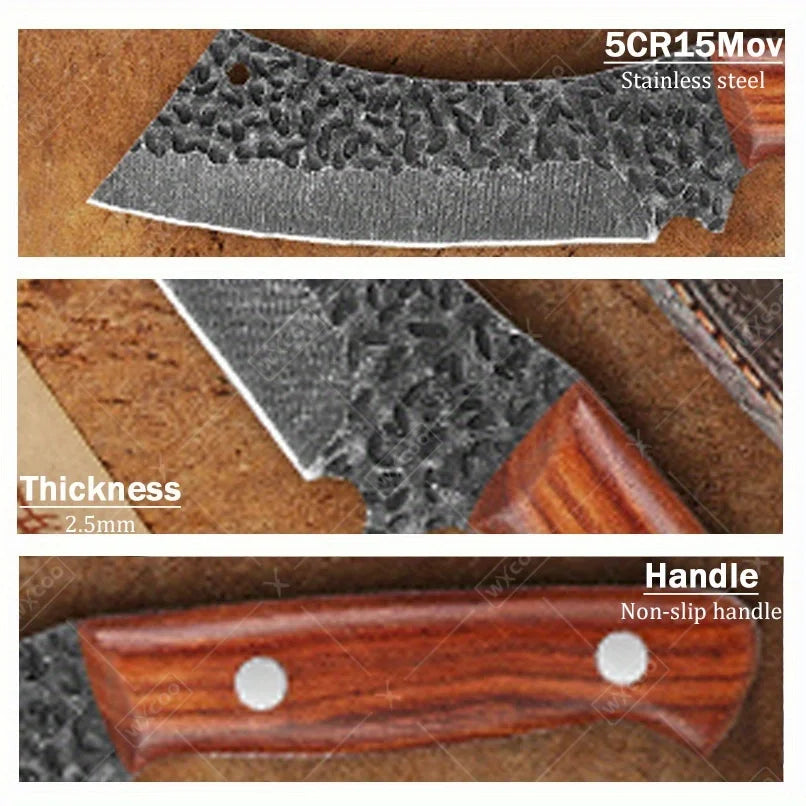 4 PCS Professional Kitchen Knife Handmade Forged Multipurpose Knife Stainless Steel Boning Cleaver Slicing Meat Fruit Wooden