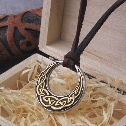 Never Fade Celtic Knot Round Pendant Necklace have adjustable leather cord chain with vikings wooden box as gift