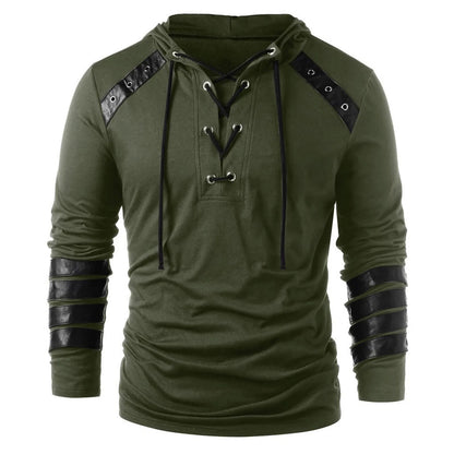 Leather Patchwork Drawstring Hooded Men's Tees Tops Long Sleeve V Neck Lace Up Blouses Vintage Medieval Plus Size Loose Clothing