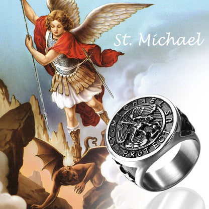 BONISKISS Men's St. Michael Ring Religious Seal Stainless Steel Ring Amulet Jewelry Gift Vintage Golden Sliver Male Fashionable