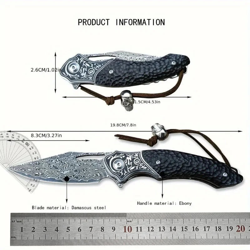 Folding Knife Damascus Steel Blade Ebony Handle Hunting Camping Survival Self-defense Tactical Combat Knives with Leather Sheath