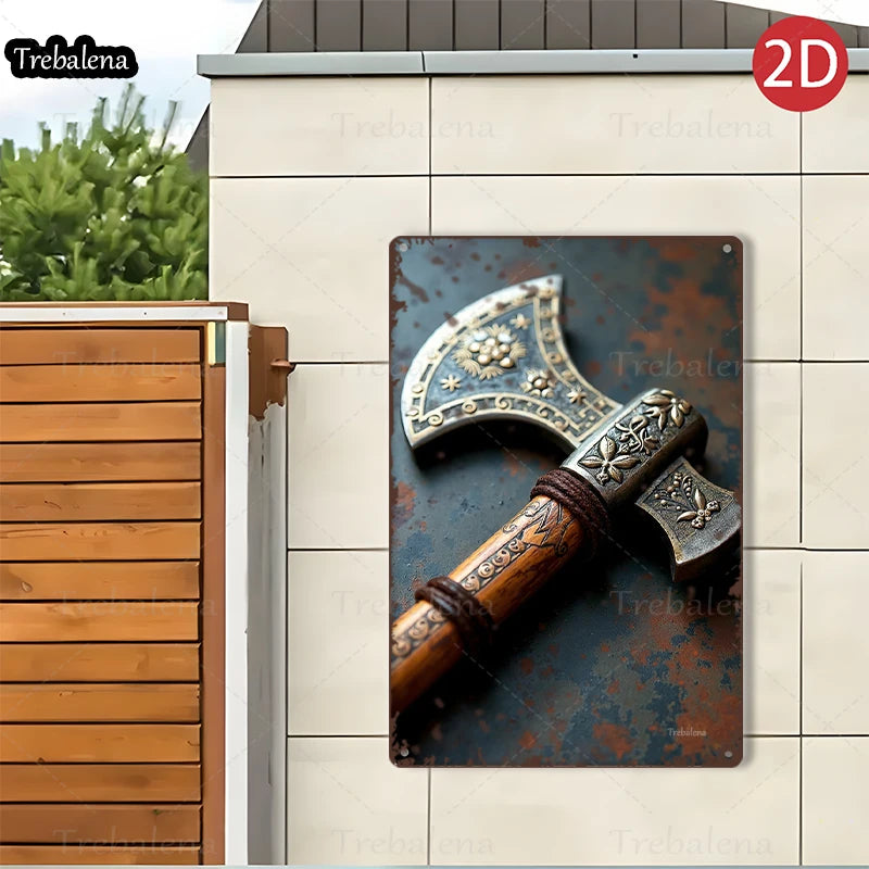 1PC 2D Flat 8*12inch Metal Sign Vintage Viking Axe Rustic Metal Wall Art Decor