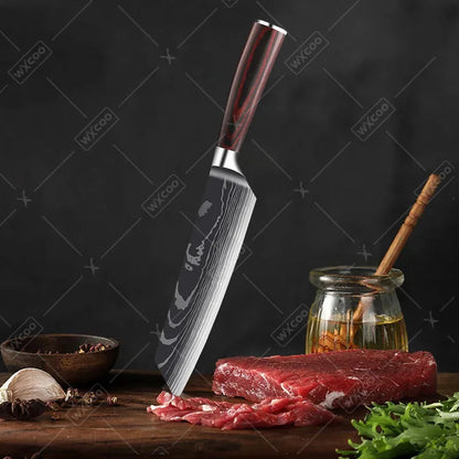 Stainless Steel Kitchen Knife Utility Knife With Painted Wood Handle 1pc Kitchen Meat Cleaver Damascus Pattern Cutting Knife