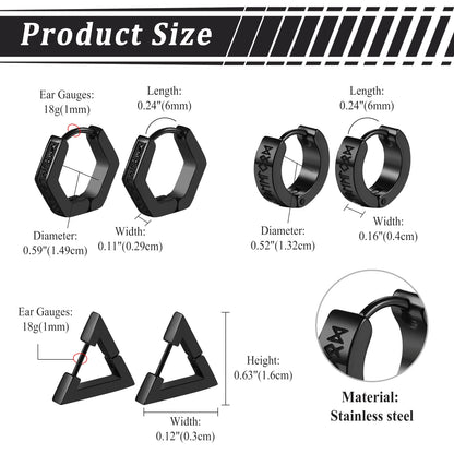 BONISKISS Men's Viking Rune Embrace Earrings Stainless Steel Three Pair Hoop Earrings Pendientes Geometric Loop  Jewelry Gifts