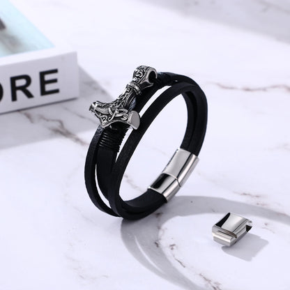 BONISKISS Mens Viking Thor's Hammer Norse Runes Vintage Leather Bracelet Amulet Mjolnir Jewelry Gift Magnetic Buckle Accessories