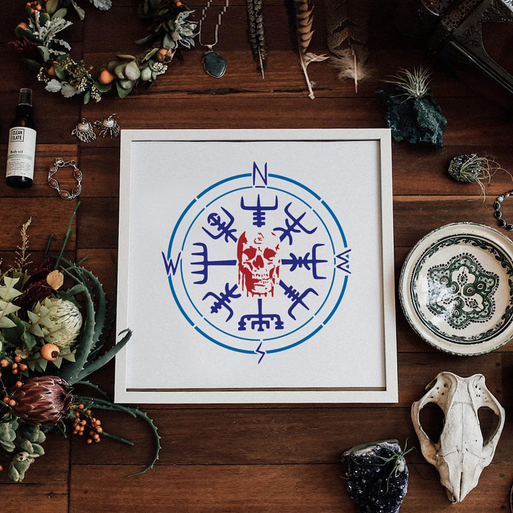 1pc Viking Compass Painting Stencil 11.8x11.8 inch Skull Compass Stencil for Painting ReusableTheme Motifs Plastic Stencil