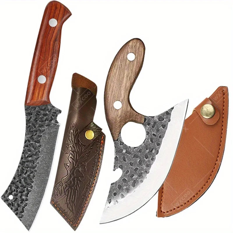2 PCS Pocket Knife Hand Forged High Carbon Steel Kitchen Knives Multipurpose Cooking Knives Stainless Steel Butcher Boning