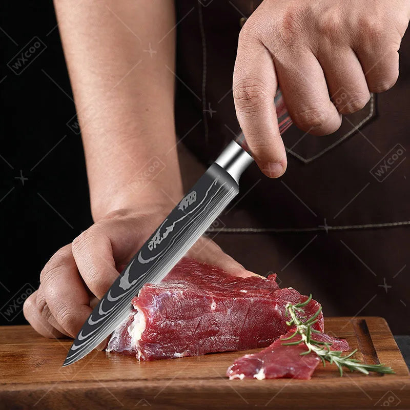 9 Pcs Kitchen Chef Knife Set High Carbon Stainless Steel Damascus Chef Knife Boning Knife Cleaver Santoku Slicer Vegetable