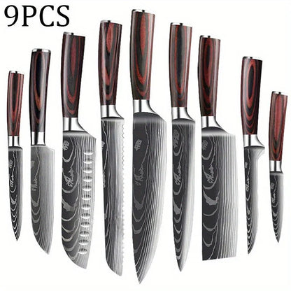 9 Pcs Kitchen Chef Knife Set High Carbon Stainless Steel Damascus Chef Knife Boning Knife Cleaver Santoku Slicer Vegetable