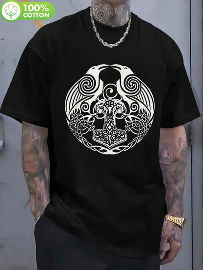 Viking Celtic Huginn& Muninn Odin'S Ravens Norse Mythology T-Shirt- Black with White Intricate Digital Print, Regular Fit Short