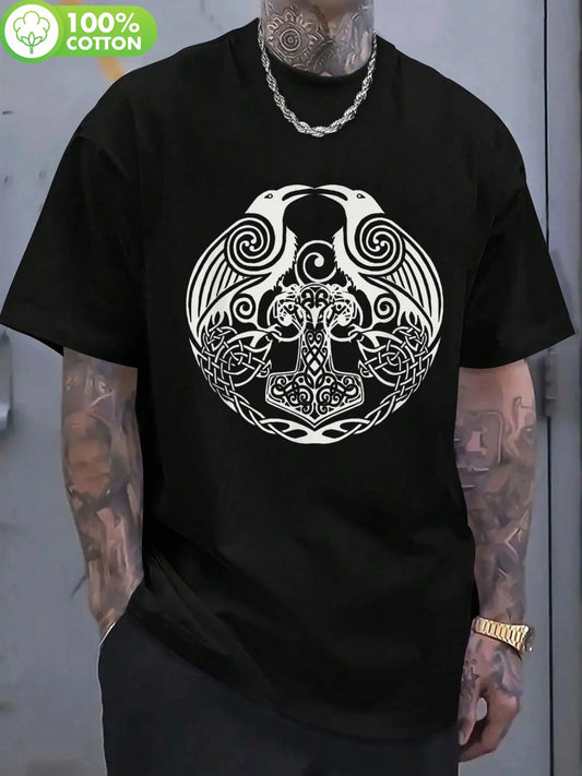 Viking Celtic Huginn& Muninn Odin'S Ravens Norse Mythology T-Shirt- Black with White Intricate Digital Print, Regular Fit Short