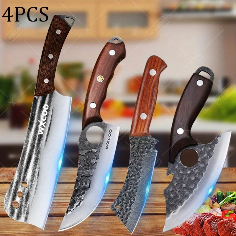 4 PCS Professional Kitchen Knife Handmade Forged Multipurpose Knife Stainless Steel Boning Cleaver Slicing Meat Fruit Wooden