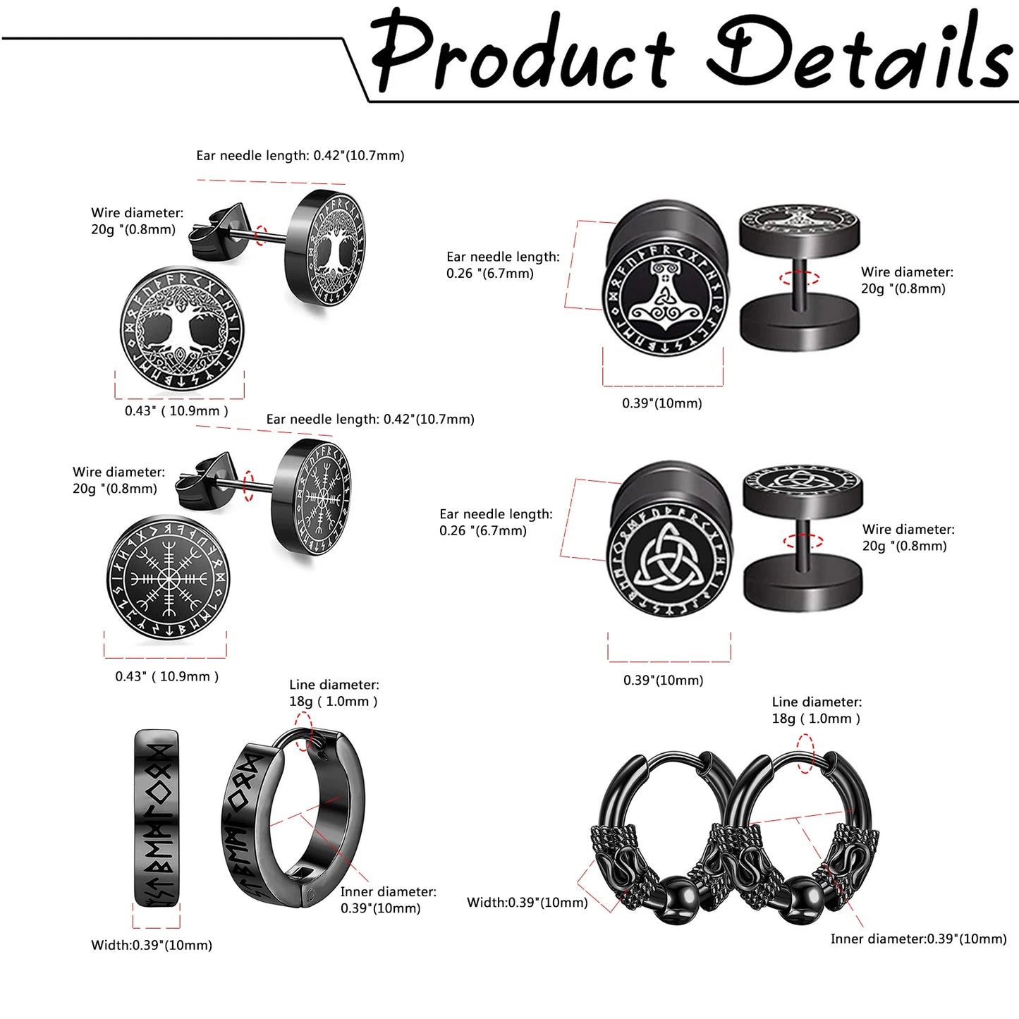 Boniskiss 6 Pairs Norse Viking Runes Hoop Earrings Stainless Steel Black Fake Plugs for Boys Men Women Piercing Ear Stud Jewelry