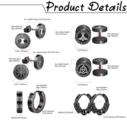 Boniskiss 6 Pairs Norse Viking Runes Hoop Earrings Stainless Steel Black Fake Plugs for Boys Men Women Piercing Ear Stud Jewelry