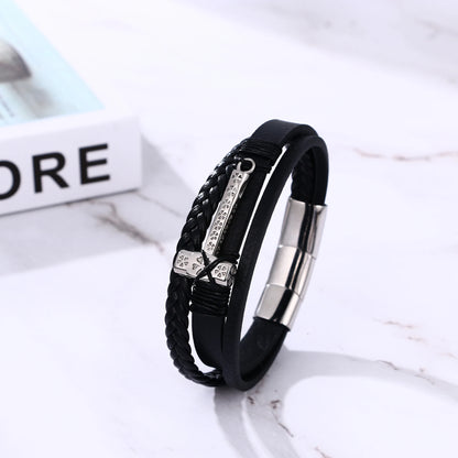 BONISKISS Vintage Viking Thor's Hammer Leather Bracelet Mens Nordic Runes Mjolnir Wristband Punk Handmade Amulet Jewelry Gift