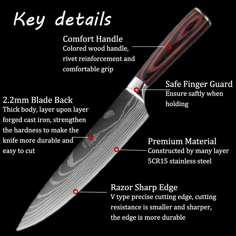 7PCS Professional Kitchen Knife Set Stainless Steel Chef Utility Boning Butcher Cleaver Paring Fish Multipurpose Cutting Tools
