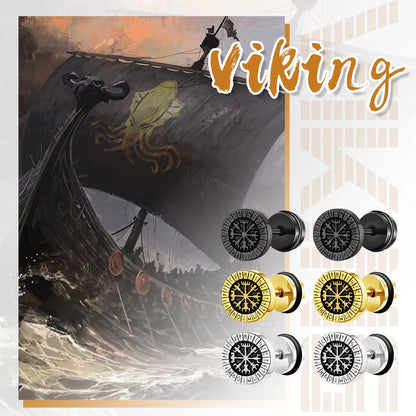 BONISKISS Men's Viking stainless steel earrings Nordic style compass rune embellished punk earrings set jewelry gift