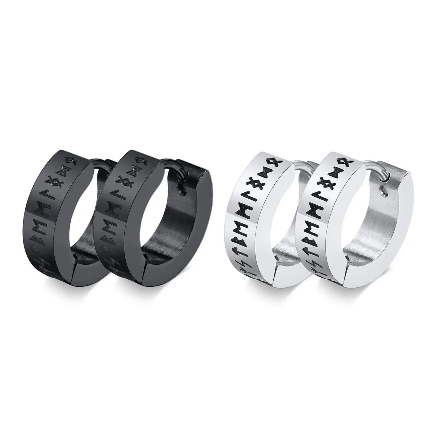 BONISKISS 2 Pairs Norse Viking Earrings Stainless Steel Nordic Elder Futhark Runes Hoop Huggie Hinged Fake Stud Men Women Unisex