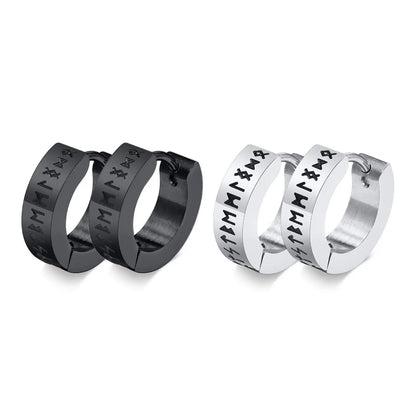 BONISKISS 2 Pairs Norse Viking Earrings Stainless Steel Nordic Elder Futhark Runes Hoop Huggie Hinged Fake Stud Men Women Unisex