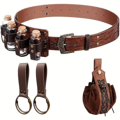 5-Piece Medieval Viking Artificial Leather Belt Set with Potion Bottle, Fashionable Scandinavian Portable Coin Purse, Skirt Mountaineering Waist Bag Accessories, Suitable for Thanksgiving, Christmas, Halloween Holiday Clothin