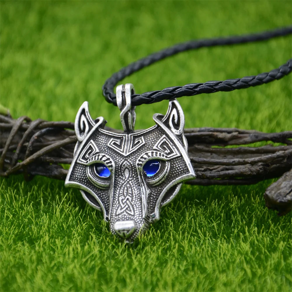 Blue Green Eyes Wolf Pendant Amulet Viking Talisman Jewelry Male Necklace