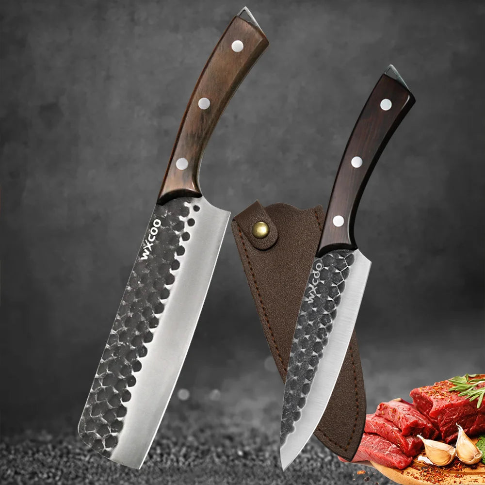 2 Pcs Stainless Steel Kitchen Chef Knife Set Hand Forged Multipurpose Butcher Boning Knife with Wooden Handle for Cooking