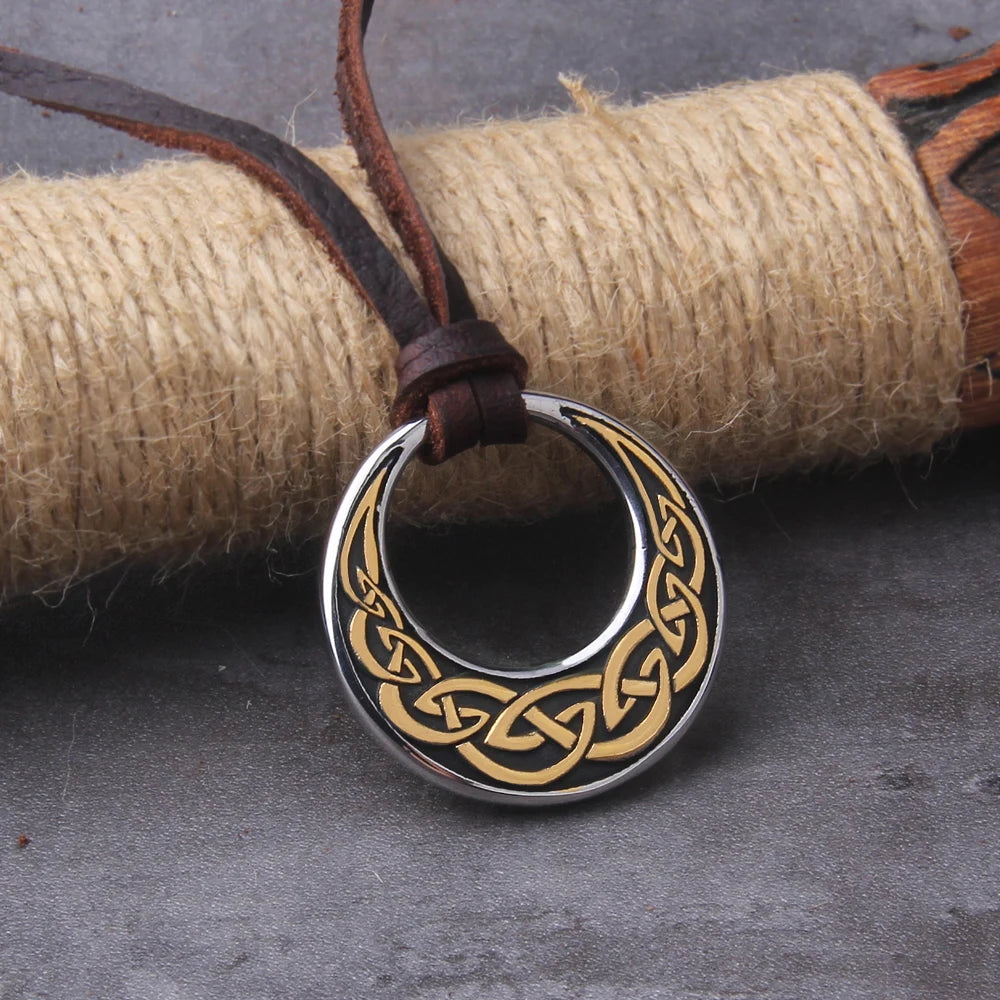 Never Fade Celtic Knot Round Pendant Necklace have adjustable leather cord chain with vikings wooden box as gift