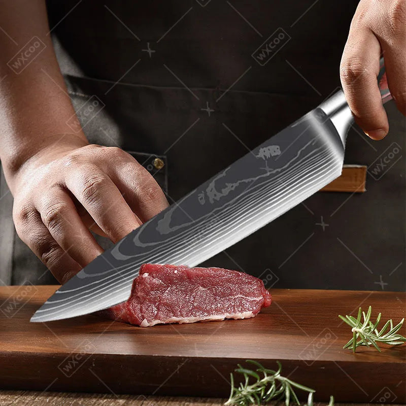 9 Pcs Kitchen Chef Knife Set High Carbon Stainless Steel Damascus Chef Knife Boning Knife Cleaver Santoku Slicer Vegetable