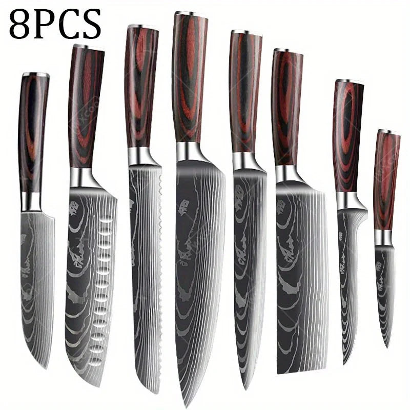 8 Pcs Kitchen Chef Knife Set High Carbon Stainless Steel Utility Knife Meat Cleaver Santoku Slicer Gyuto Vegetable Knife