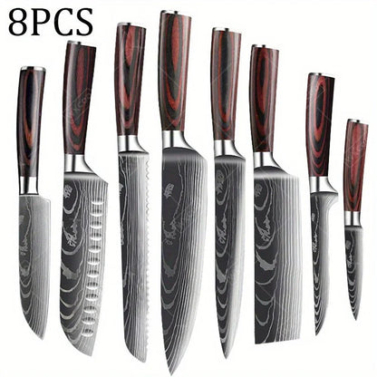 8 Pcs Kitchen Chef Knife Set High Carbon Stainless Steel Utility Knife Meat Cleaver Santoku Slicer Gyuto Vegetable Knife