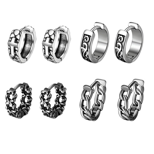BONISKISS Cross Hollow Chain Stainless Steel Earrings Hoop Huggie Hinged Viking Runes Retro Gothic Ear Stud Men Women Unisex