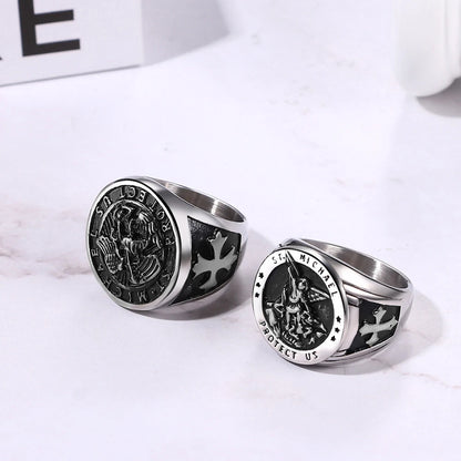 BONISKISS Men's St. Michael Ring Religious Seal Stainless Steel Ring Amulet Jewelry Gift Vintage Golden Sliver Male Fashionable