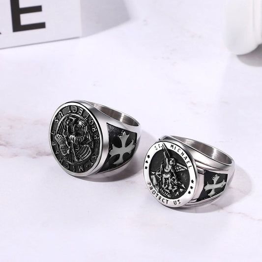 BONISKISS Men's St. Michael Ring Religious Seal Stainless Steel Ring Amulet Jewelry Gift Vintage Golden Sliver Male Fashionable