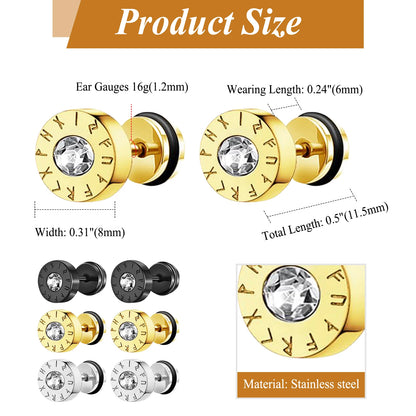 BONISKISS Men's Viking stainless steel earrings Nordic style compass rune embellished punk earrings set jewelry gift