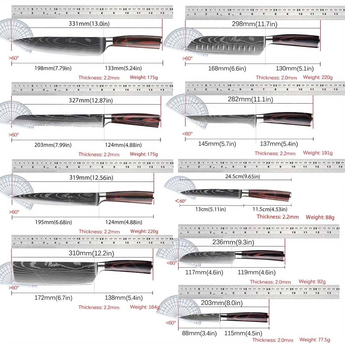 9 Pcs Kitchen Chef Knife Set High Carbon Stainless Steel Damascus Chef Knife Boning Knife Cleaver Santoku Slicer Vegetable