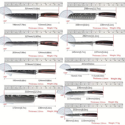 9 Pcs Kitchen Chef Knife Set High Carbon Stainless Steel Damascus Chef Knife Boning Knife Cleaver Santoku Slicer Vegetable