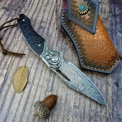 Folding Knife Damascus Steel Blade Ebony Handle Hunting Camping Survival Self-defense Tactical Combat Knives with Leather Sheath