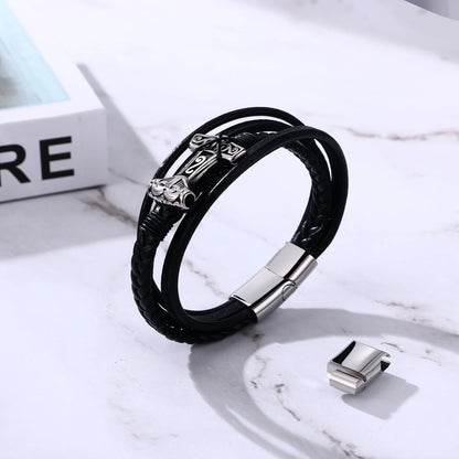 BONISKISS Mens Viking Thor's Hammer Norse Runes Vintage Leather Bracelet Amulet Mjolnir Jewelry Gift Magnetic Buckle Accessories