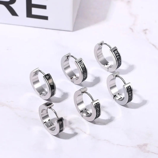 BONISKISS Men's Viking Rune Embrace Earrings Stainless Steel Three Pair Hoop Earrings Pendientes Geometric Loop  Jewelry Gifts