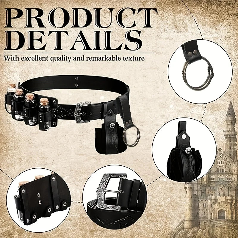 5-Piece Medieval Viking Artificial Leather Belt Set with Potion Bottle, Fashionable Scandinavian Portable Coin Purse, Skirt Mountaineering Waist Bag Accessories, Suitable for Thanksgiving, Christmas, Halloween Holiday Clothin
